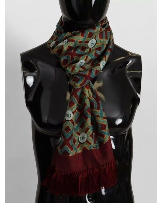 Dolce & Gabbana Green Silk Logo-Print Fringe Scarf for men