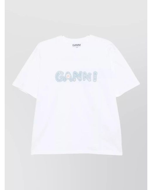 Ganni White Cotton Logo T Shirt Short Sleeves Crewneck