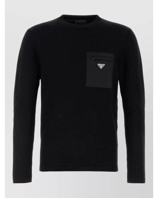 Prada Black Wool Sweater Chest Pocket Ribbed Sleeves for men