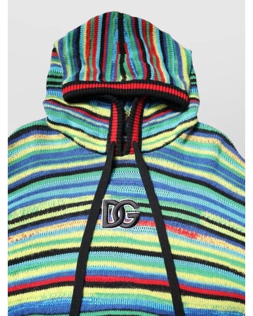 Dolce & Gabbana Green Cotton Hooded Pullover Sweater Striped Knit for men