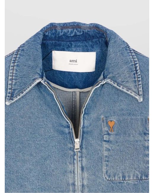 AMI Blue Denim Logo Embroidered Zip-Up Jacket for men