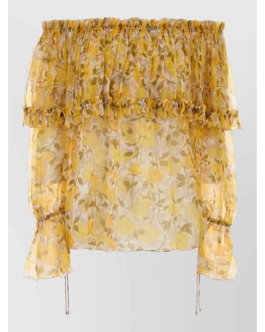 Chloé Metallic Silk Printed Off-The-Shoulder Puff-Sleeve Blouse