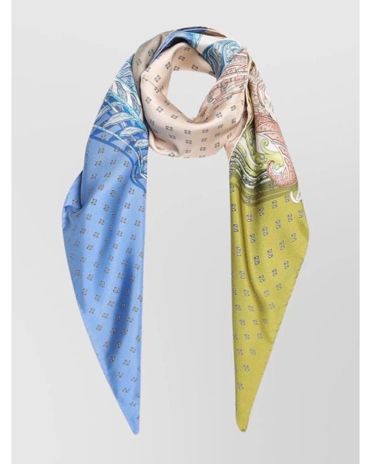 Ferragamo Blue Silk Scarf Feather Motif Square Shape