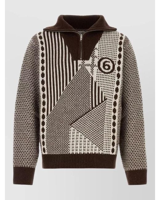 MM6 by Maison Margiela Gray Wool Blend Polo Shirt Geometric Knit for men