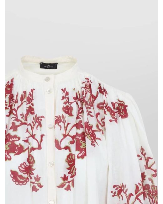 Etro Red Floral Print Pleated Cotton Blouse