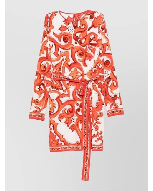 Dolce & Gabbana Red Maiolica Silk Dress Belted Waist