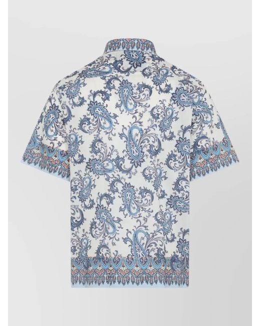 Etro Blue Cotton Short-Sleeve Floral Paisley Shirt for men