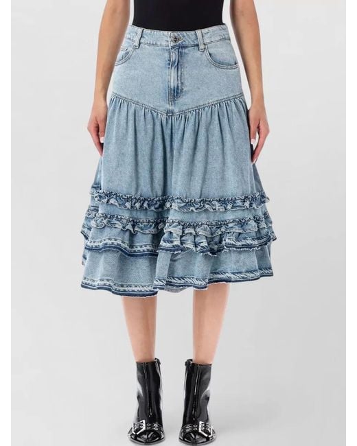 Ganni Blue Denim Midi Skirt High Waist Frill