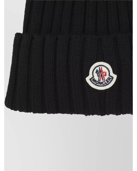 Moncler Black Wool Hat Folded Cuff Detachable Fur Pompom