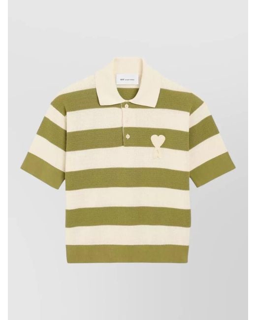 AMI Yellow De Coeur Striped Polo Shirt Embroidery