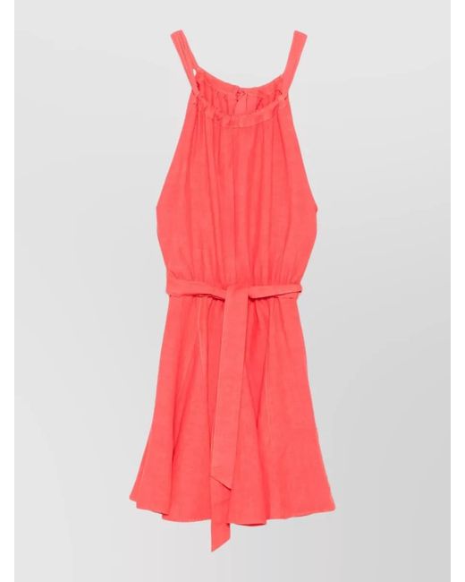 120% Lino Red Linen Dress Belted Waist Bow Detail