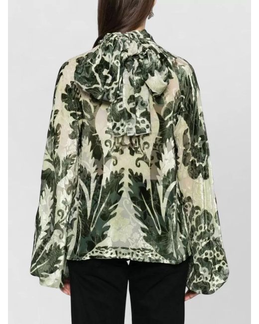 F.R.S For Restless Sleepers Green Silk Blouse Floral Print High Neck