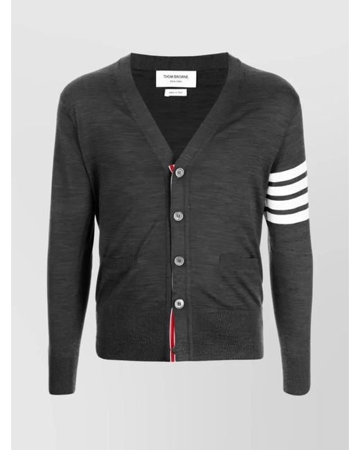 Thom Browne Black Fine-Knit Wool Striped V-Neck Cardigan for men