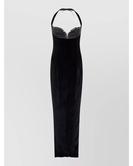 Ludovic de Saint Sernin Black Grace Long Dress Velvet Studded Slit