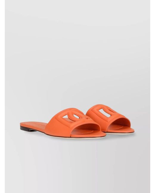 Dolce & Gabbana Orange Logo Leather Flat Sandals With Almond Toe