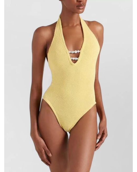 Hunza G Yellow Adriana Beaded Halterneck Crinkle Swimsuit