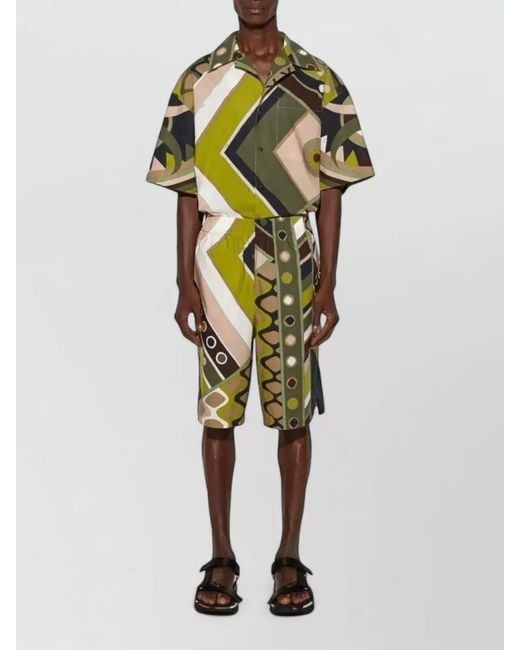 Emilio Pucci Green Cotton Popeline Shorts Geometric Pattern for men