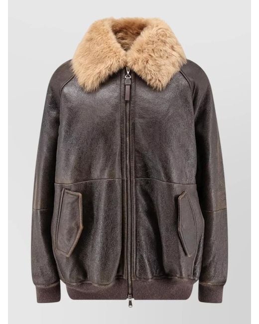 Brunello Cucinelli Gray Leather Jacket Shearling Collar Snap Pockets