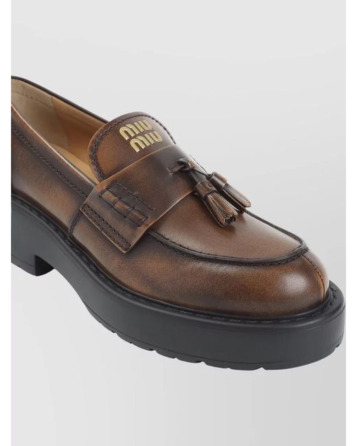 Miu Miu Brown Leather Tassel Platform Loafers