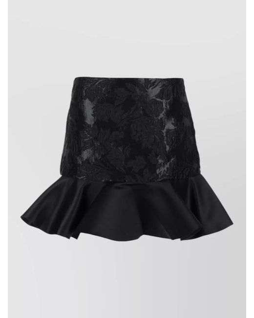 Ganni Black Satin Skirt High Waist Floral Texture Ruffles