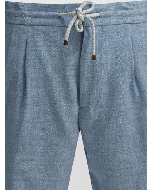 Brunello Cucinelli Blue Linen Blend Pleated Bermuda Shorts for men