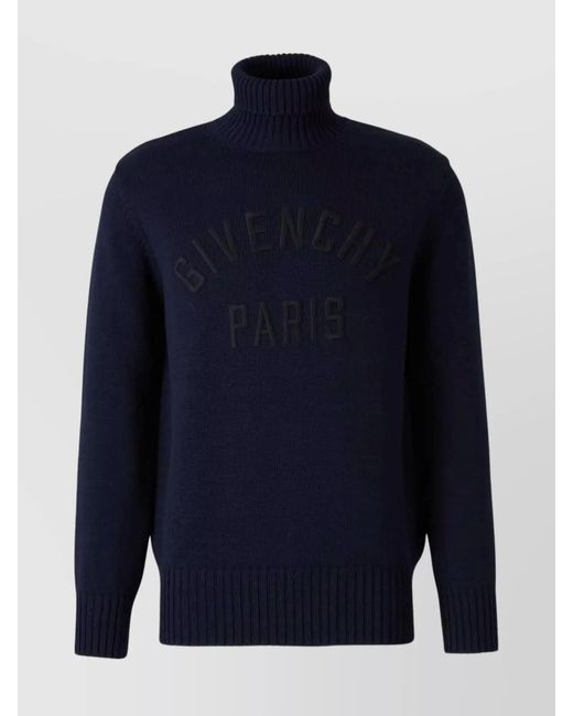 Givenchy Blue Cotton Logo-Embroidered Ribbed Turtleneck Sweater for men