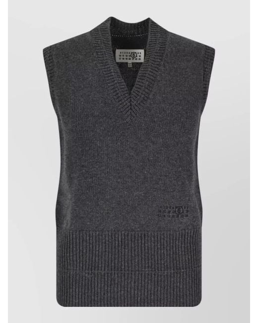 MM6 by Maison Margiela Black Ribbed Hem Sleeveless V Neck Top