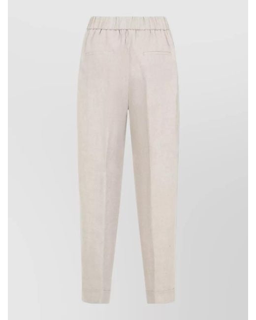 Peserico White Linen Straight Leg Trousers Piped Rolled Hem