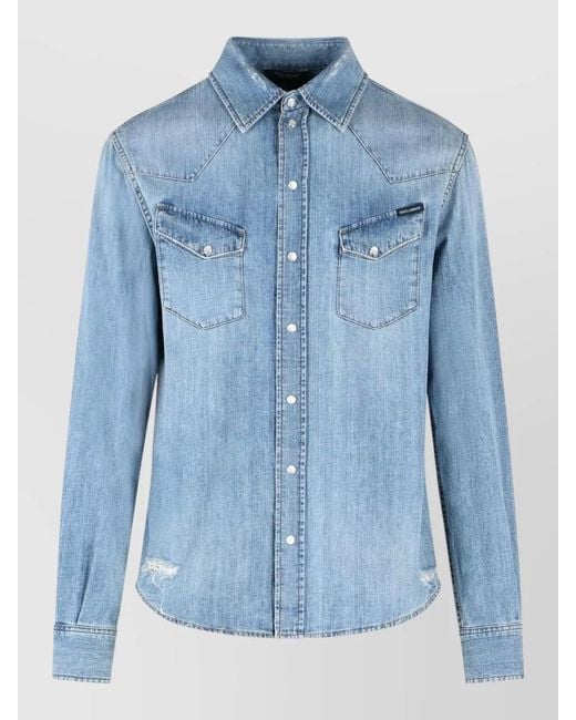 Dolce & Gabbana Blue Cotton Shirt Long Sleeves Western Yoke Pockets for men
