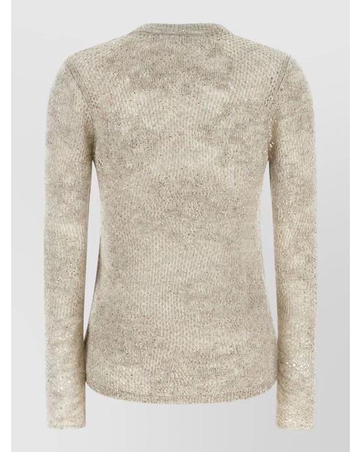 Brunello Cucinelli Natural Flower Lace Knit Sequin Crewneck Sweater