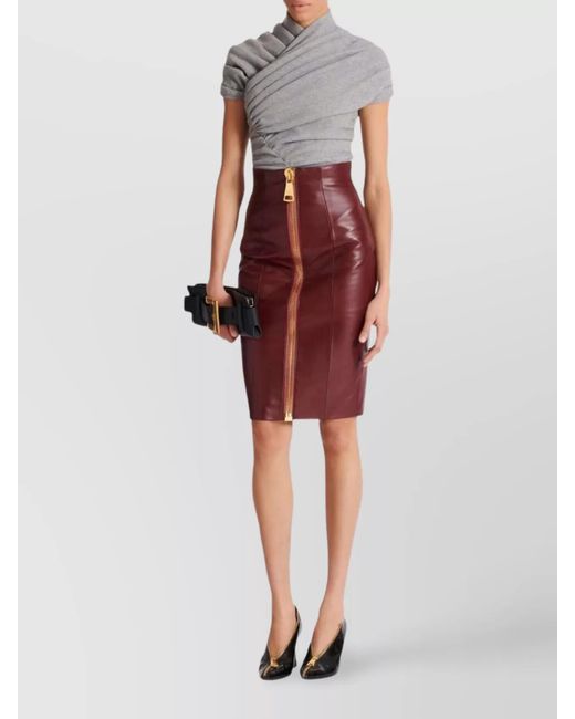 Balmain Purple Leather High-Rise Knee-Length Pencil Skirt
