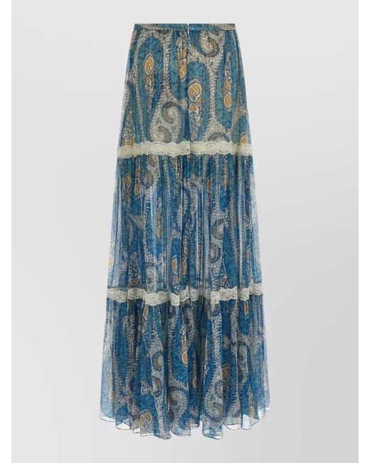 Etro Blue Silk Printed Lace Insert Maxi Skirt