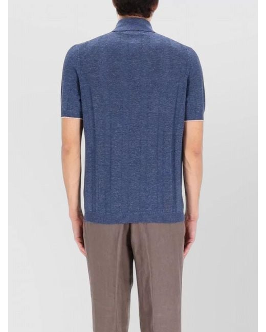 Brunello Cucinelli Blue Linen Knit Polo Shirt for men