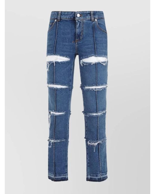 McQueen Blue Denim Cutout Straight-Leg Trousers