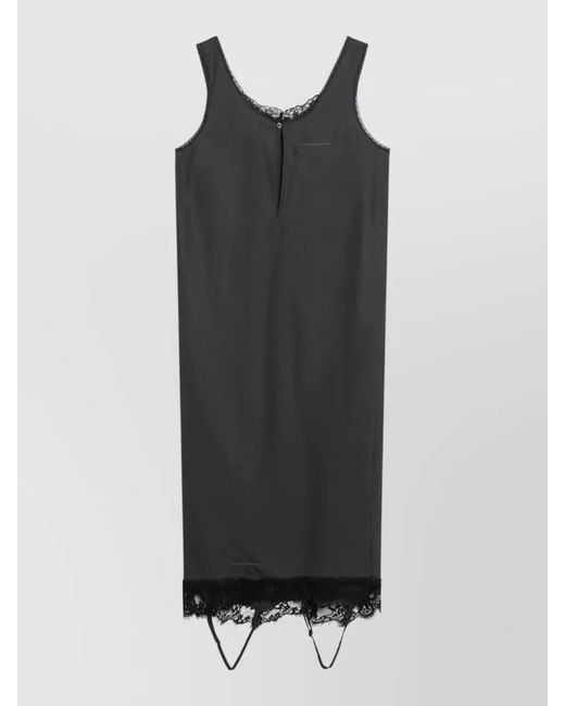 MM6 by Maison Margiela Black Lace Trim Midi Length Sleeveless Dress