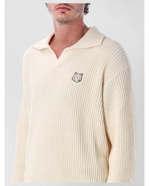 Maison Kitsuné Blue Cotton Ribbed Long-Sleeve Polo Jumper for men