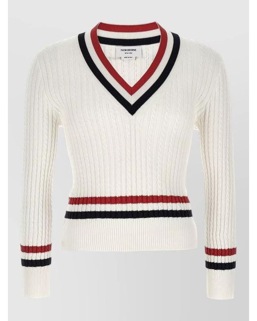 Thom Browne White Rwb Cable Knit Sweater Button Detail V Neck for men