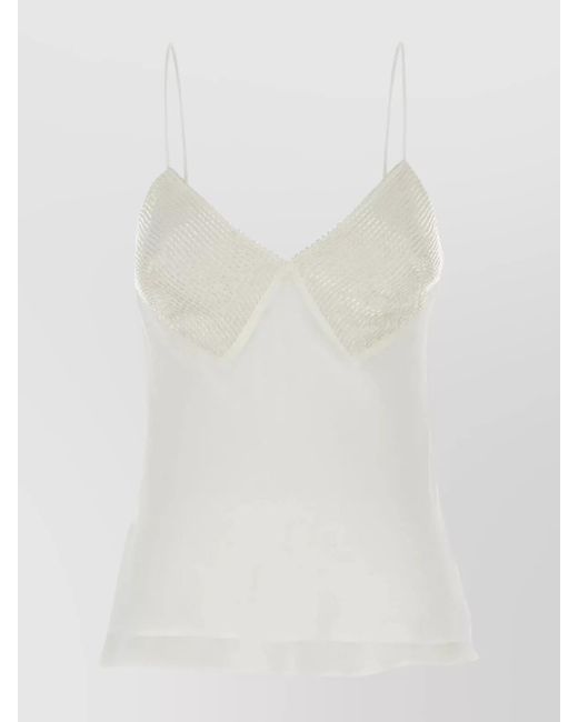 Max Mara White Beaded V-Neck Embellished Silk Top