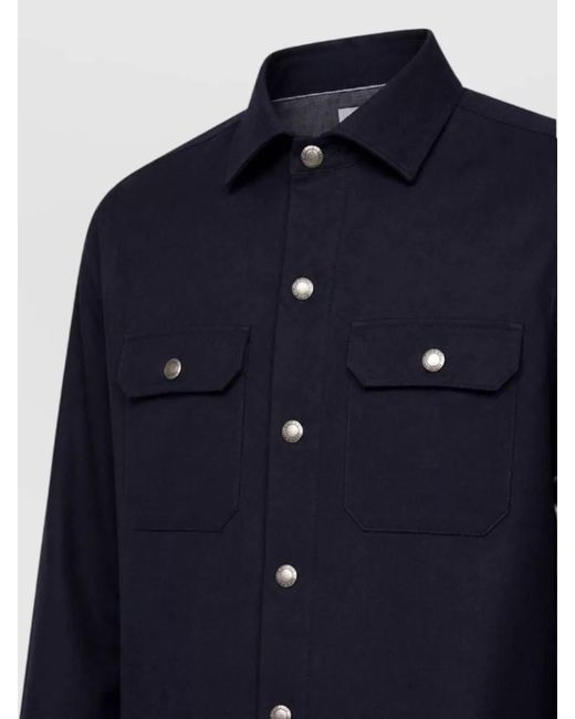 Brunello Cucinelli Blue Collared Silk Nylon Jacket Chest Pockets for men