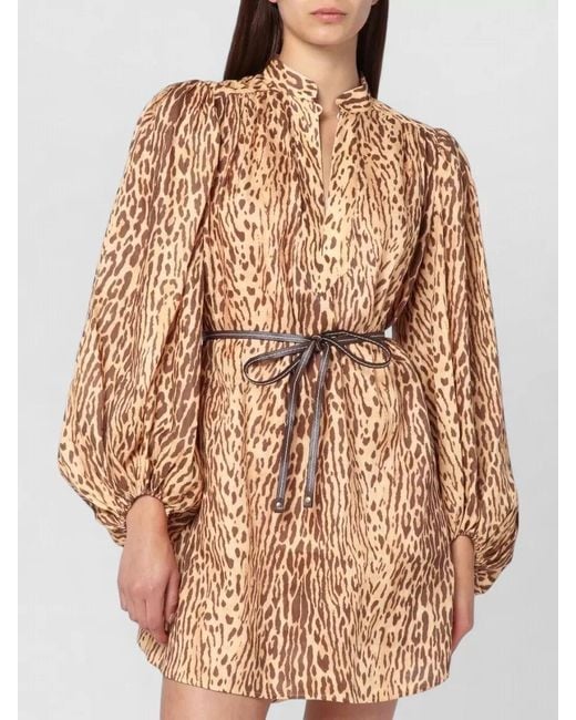 Zimmermann Brown Animal Print Dress Belted Waist Collar