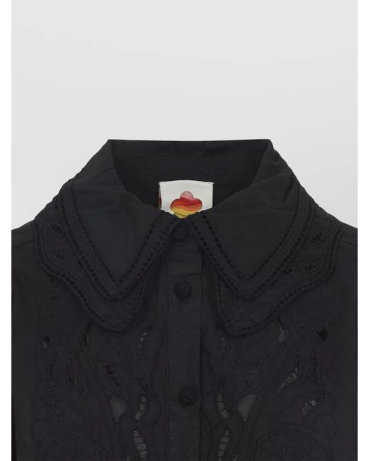 Farm Rio Blue Embroidered Long Sleeve Shirt Lace Collar
