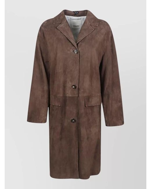 Max Mara Brown Long Jacket Notched Lapels Side Pockets