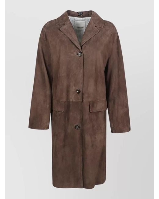 Max Mara Brown Long Jacket Notched Lapels Side Pockets