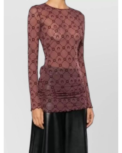 MARINE SERRE Red Floral Mesh Long Sleeve Crewneck Dress