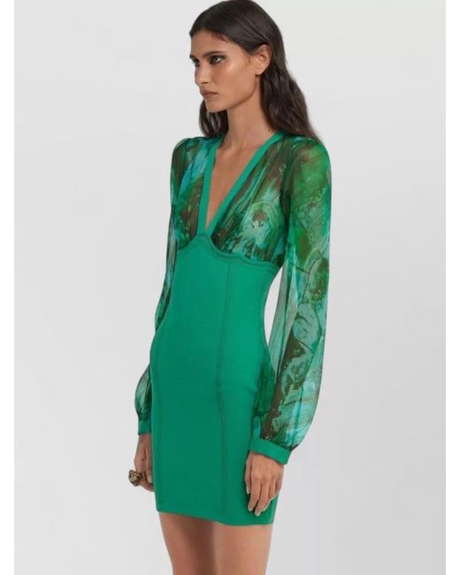 Roberto Cavalli Green Dress Fitted Silhouette Sheer Long Sleeves V Neckline