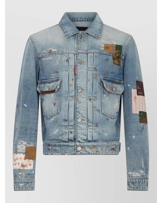 DSquared² Blue Denim Blazer Button Cuffs Patchwork Paint Splatter for men
