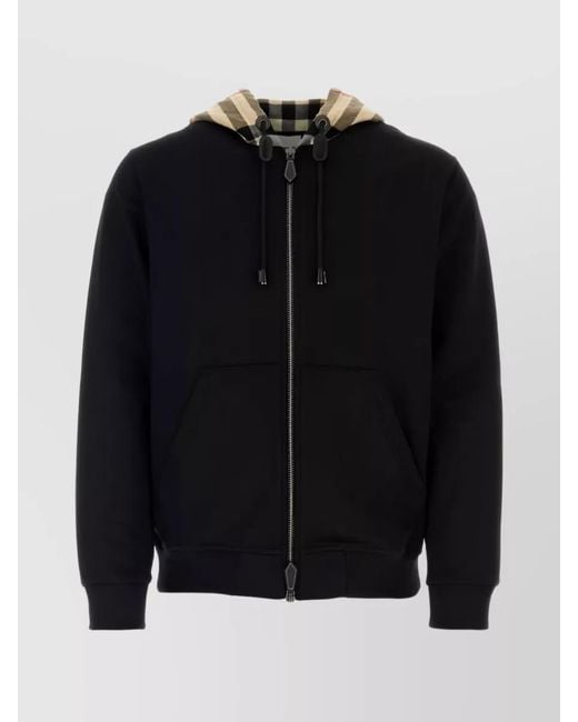 Burberry Black Cotton Checked Zip Hoodie for men