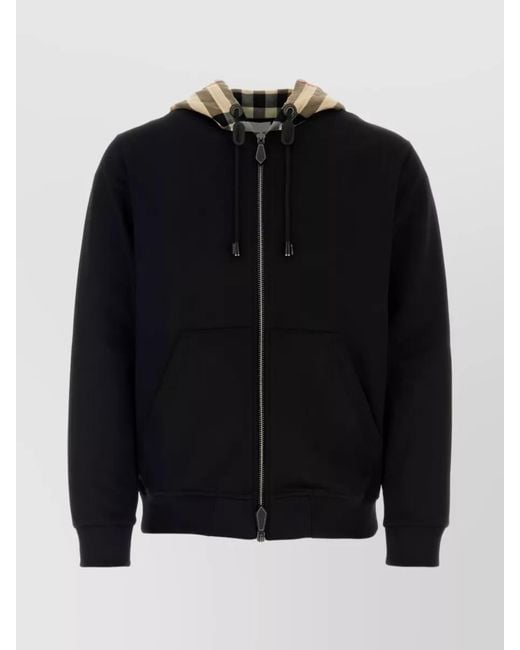 Burberry Black Soft Cotton Hooded Sweater With Check-Pattern Finish for men