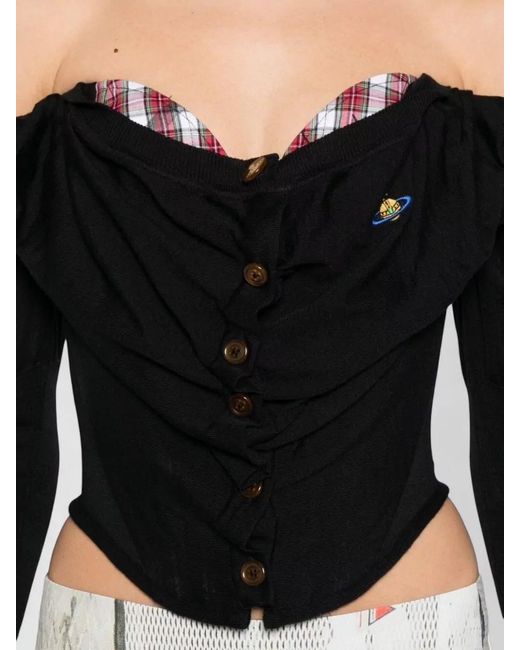 Vivienne Westwood Black Silk Wool Ruched Square Neck Long Sleeve Blouse