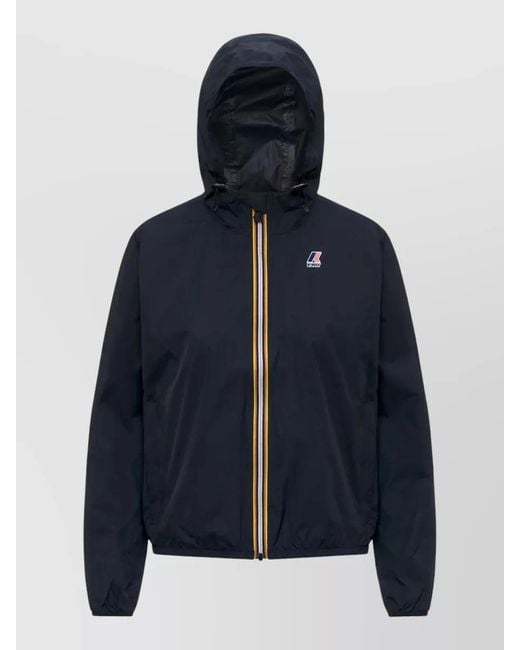 K-Way Blue Hooded Jacket Claudette Elastic Cuffs Stripes